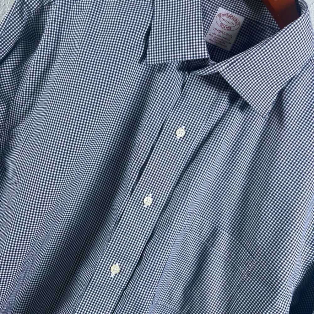 Brooks Brothers Dress Shirt Traditional Mens Gingham Non-Iron 16.5 35 Blue OBCD